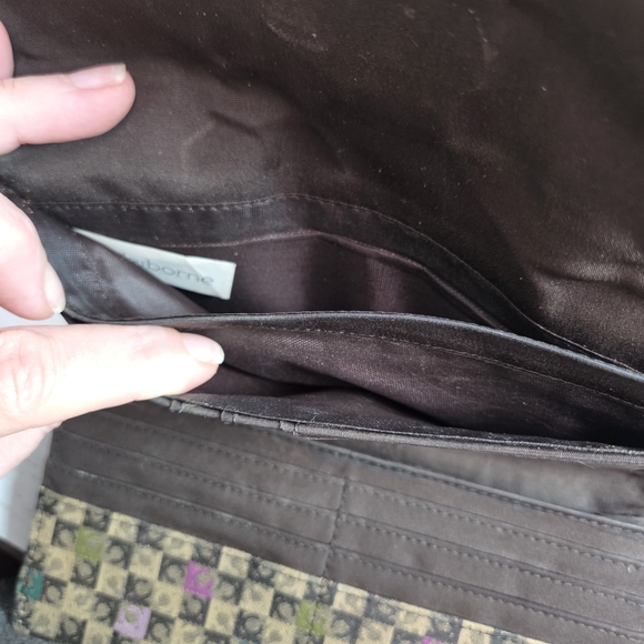 Liz Claiborne Brown Monogram Wristlet with Green and Pink Accents - Picture 7 of 13